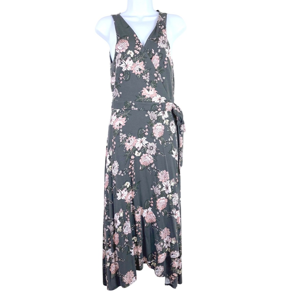 LOFT S Green Floral Full‎ Wrap Midi Dress Sleeveless Boho Preppy Cottage Autumn